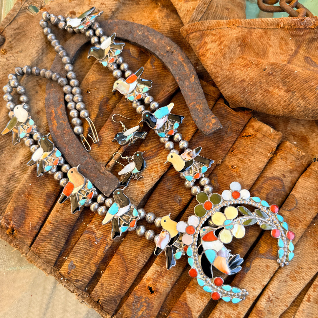 Vintage Zuni Inlay Bird Themed Squash Blossom Necklace Earrings Set
