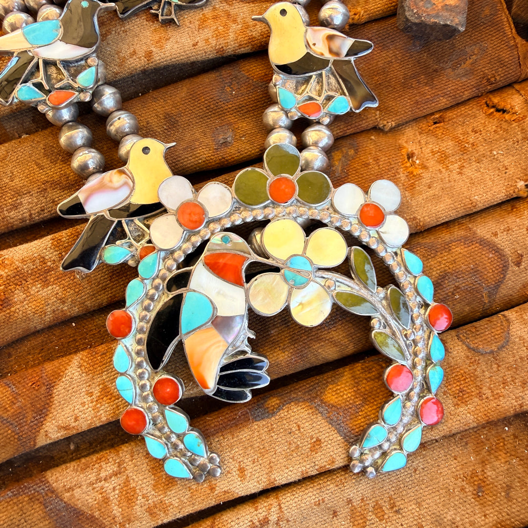 Vintage Zuni Inlay Bird Themed Squash Blossom Necklace Earrings Set