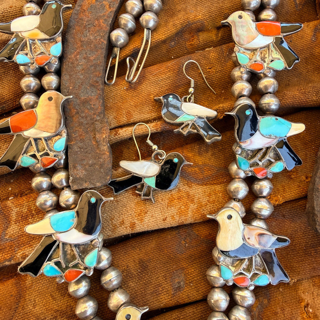 Vintage Zuni Inlay Bird Themed Squash Blossom Necklace Earrings Set
