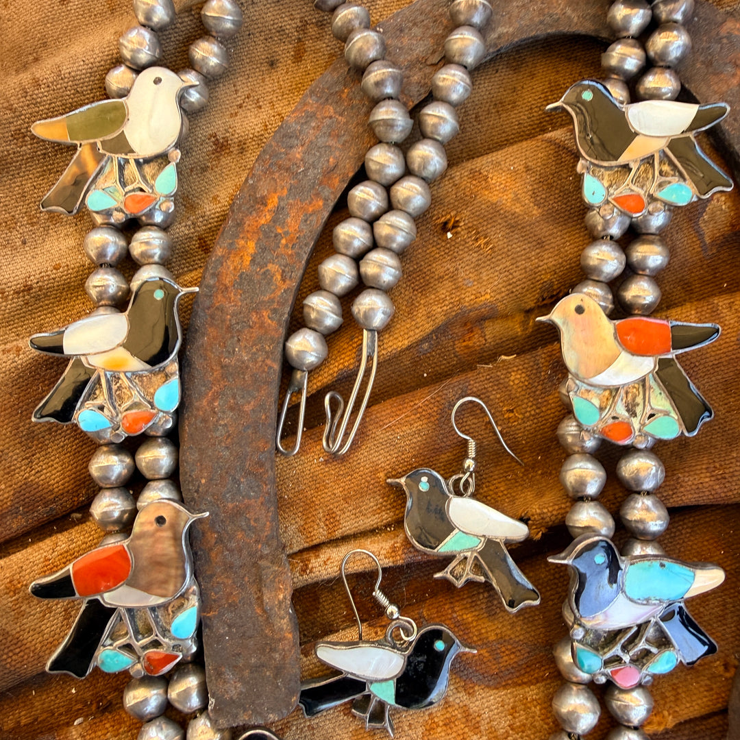 Vintage Zuni Inlay Bird Themed Squash Blossom Necklace Earrings Set