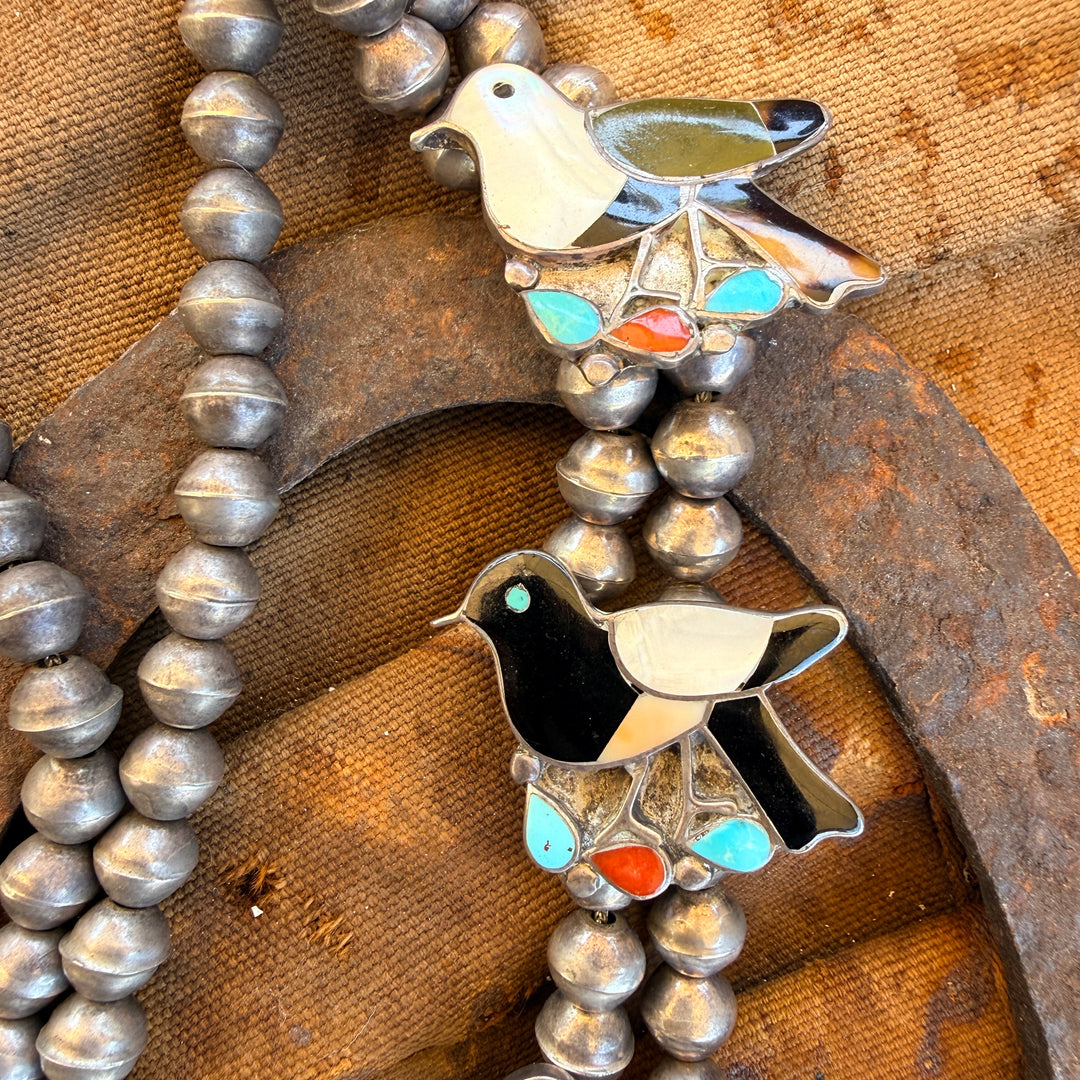 Vintage Zuni Inlay Bird Themed Squash Blossom Necklace Earrings Set