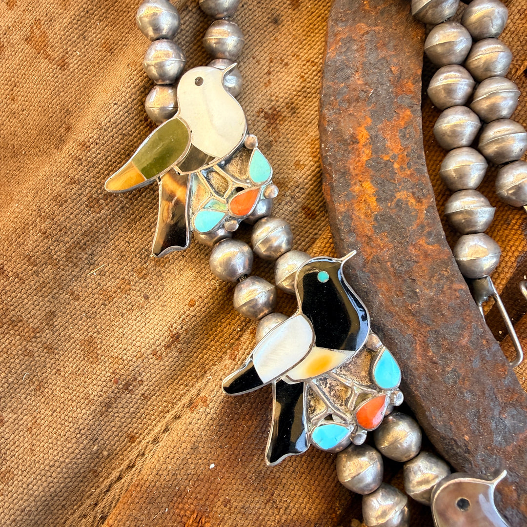 Vintage Zuni Inlay Bird Themed Squash Blossom Necklace Earrings Set
