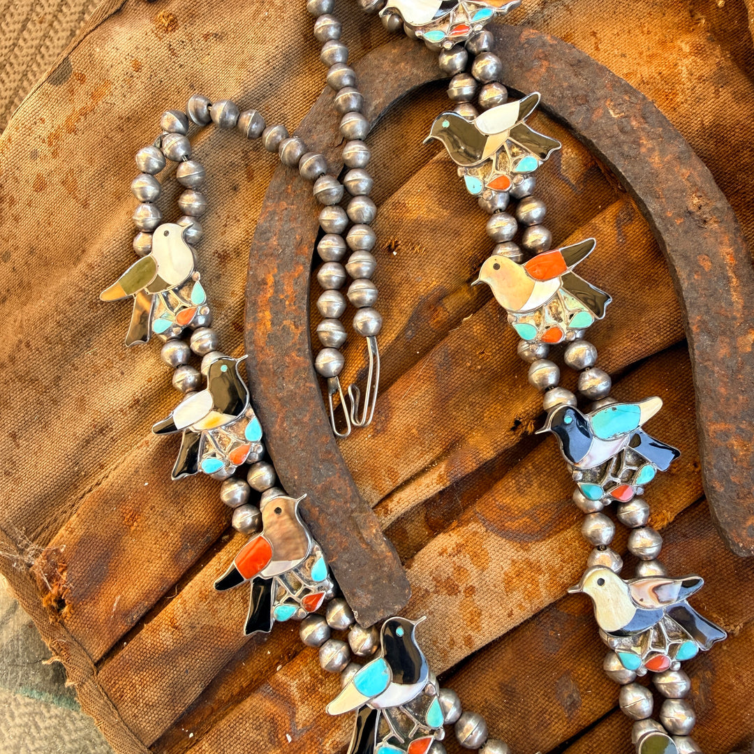Vintage Zuni Inlay Bird Themed Squash Blossom Necklace Earrings Set