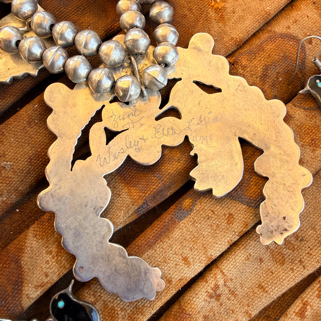 Vintage Zuni Inlay Bird Themed Squash Blossom Necklace Earrings Set