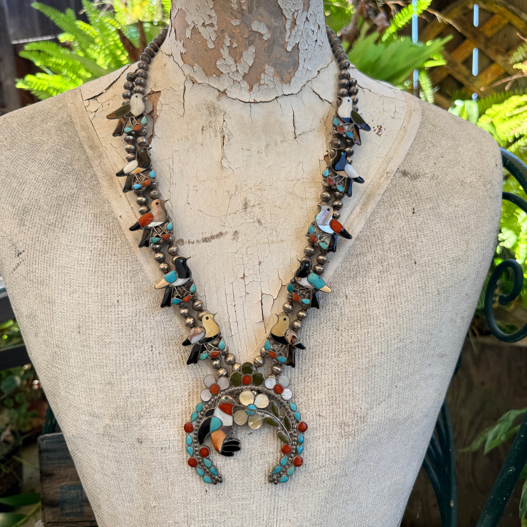 Vintage Zuni Inlay Bird Themed Squash Blossom Necklace Earrings Set