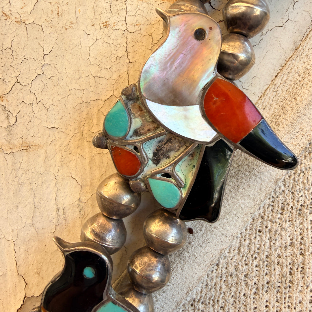 Vintage Zuni Inlay Bird Themed Squash Blossom Necklace Earrings Set