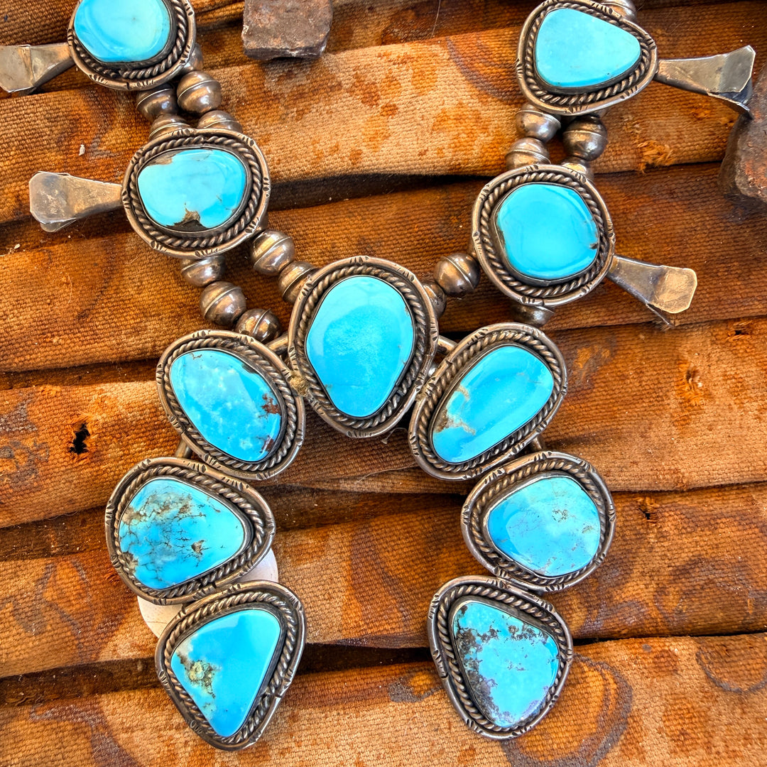 Vintage Navajo Sterling Silver Turquoise Squash Blossom Necklace