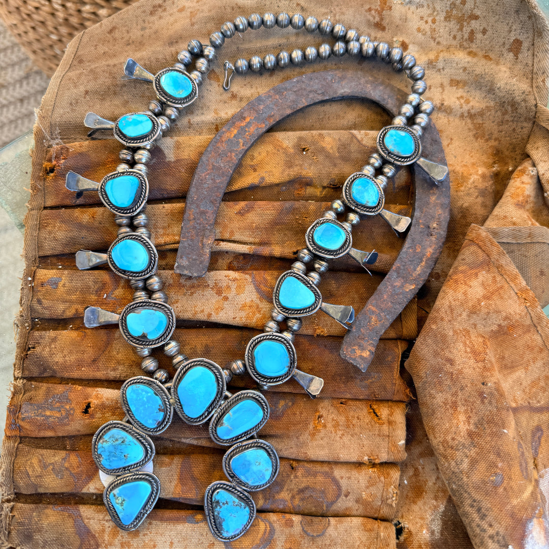 Vintage Navajo Sterling Silver Turquoise Squash Blossom Necklace