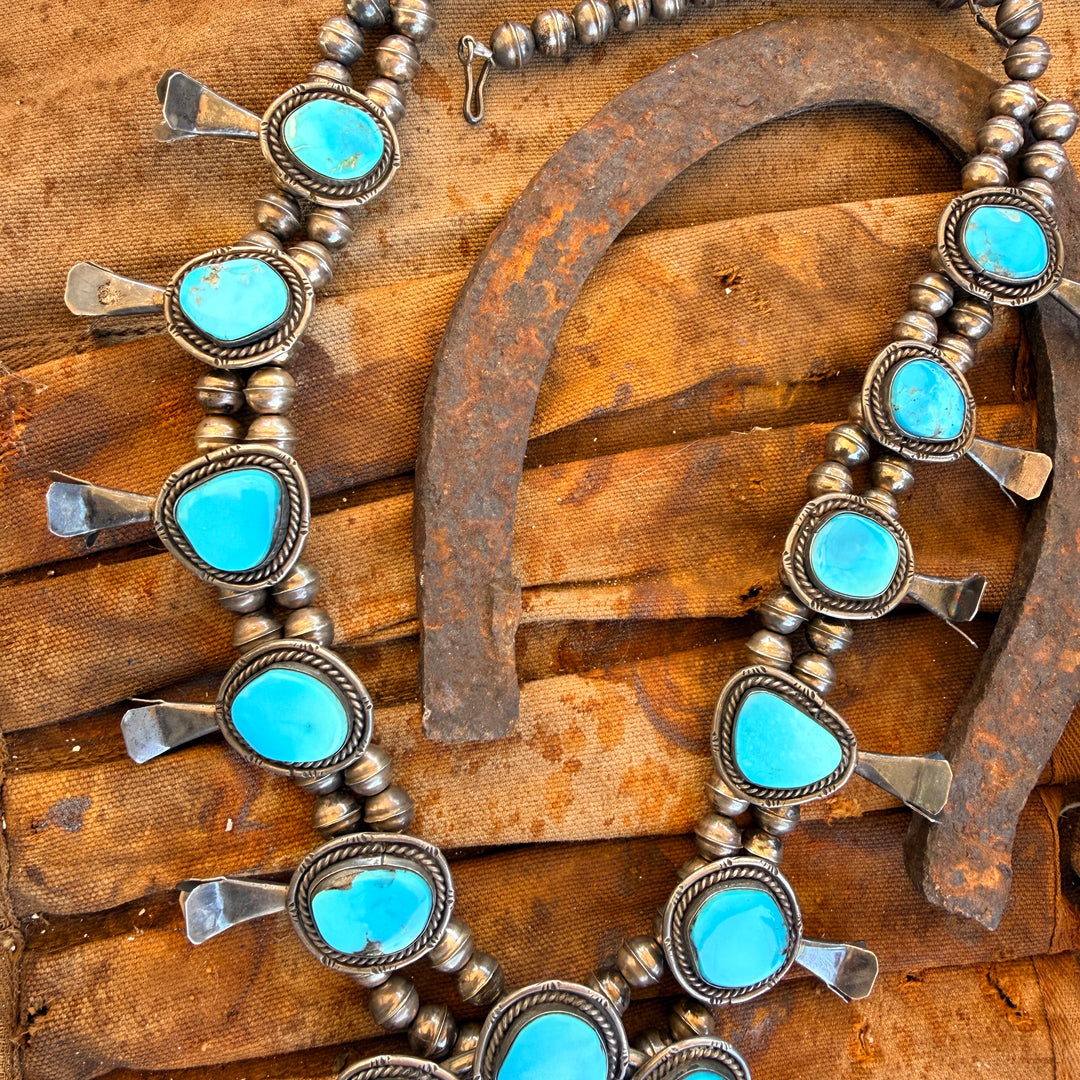 Vintage Navajo Sterling Silver Turquoise Squash Blossom Necklace