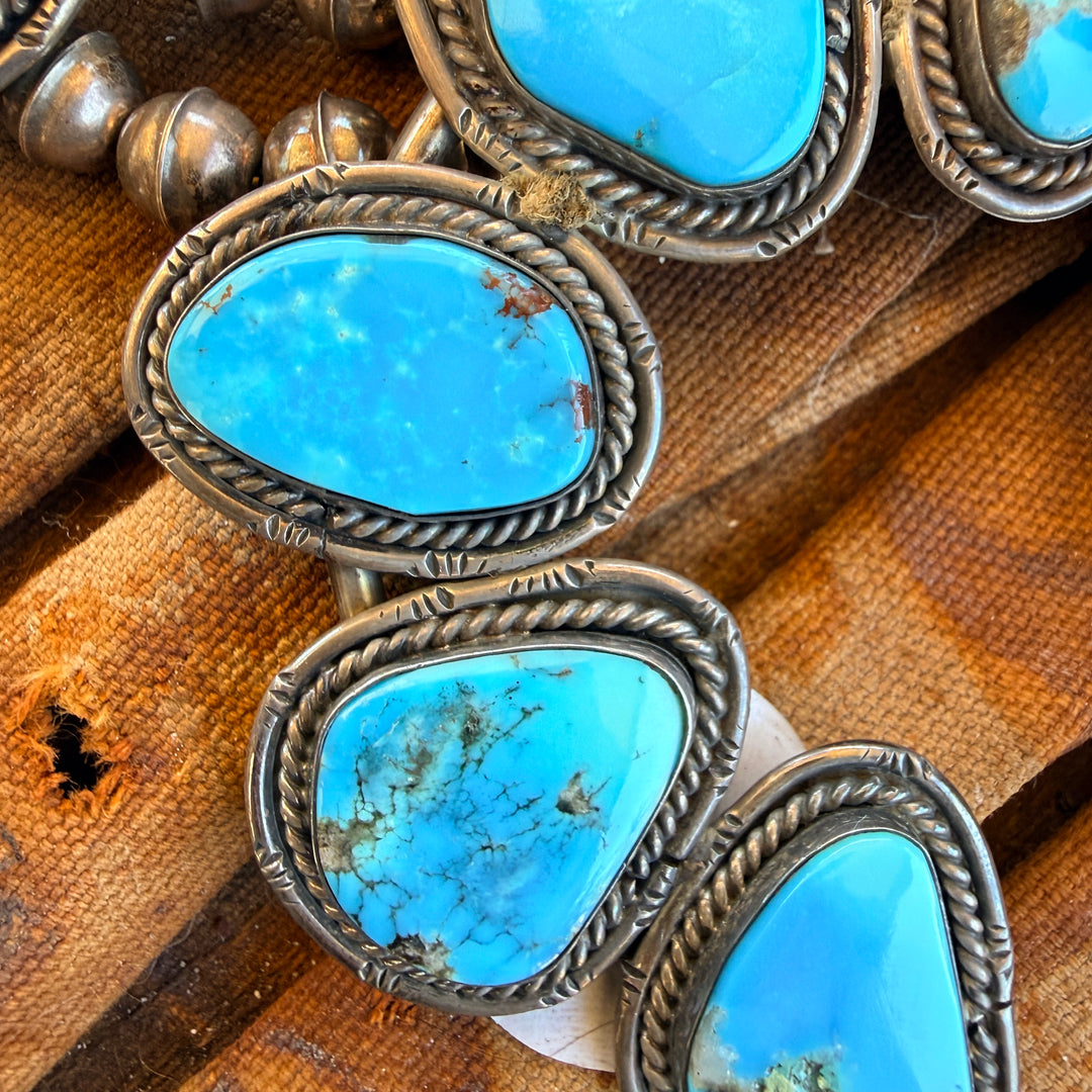 Vintage Navajo Sterling Silver Turquoise Squash Blossom Necklace