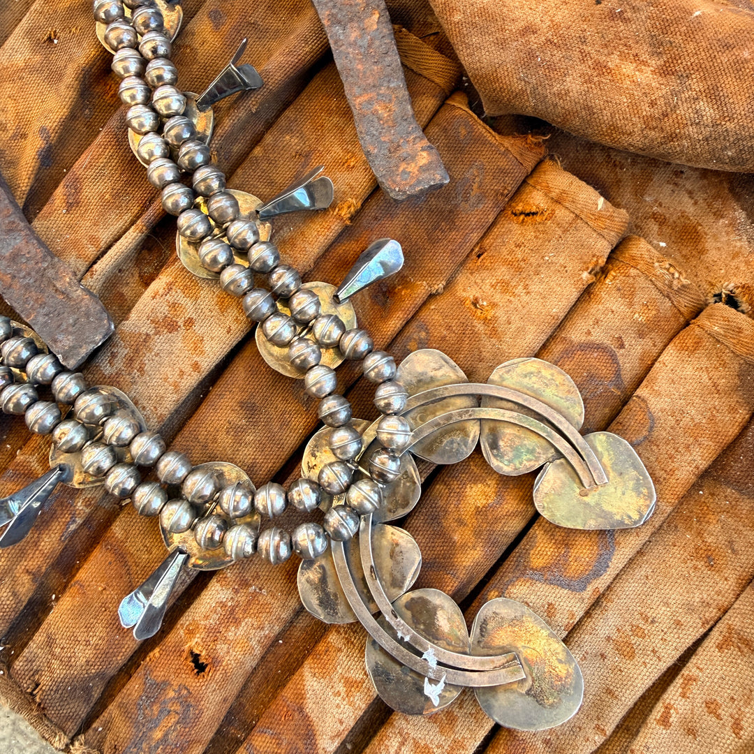 Vintage Navajo Sterling Silver Turquoise Squash Blossom Necklace