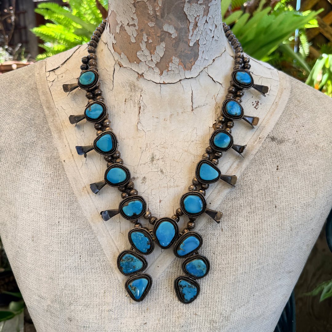 Vintage Navajo Sterling Silver Turquoise Squash Blossom Necklace