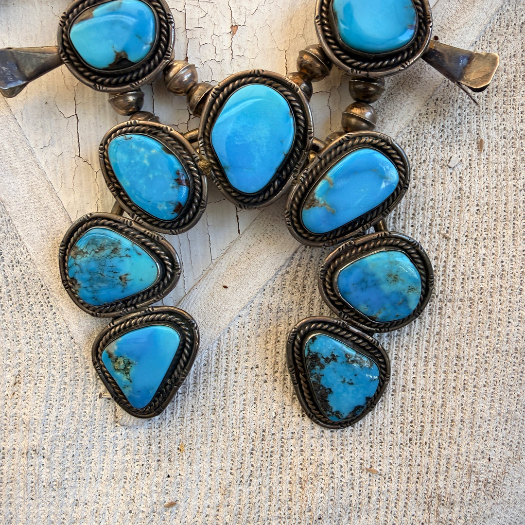 Vintage Navajo Sterling Silver Turquoise Squash Blossom Necklace