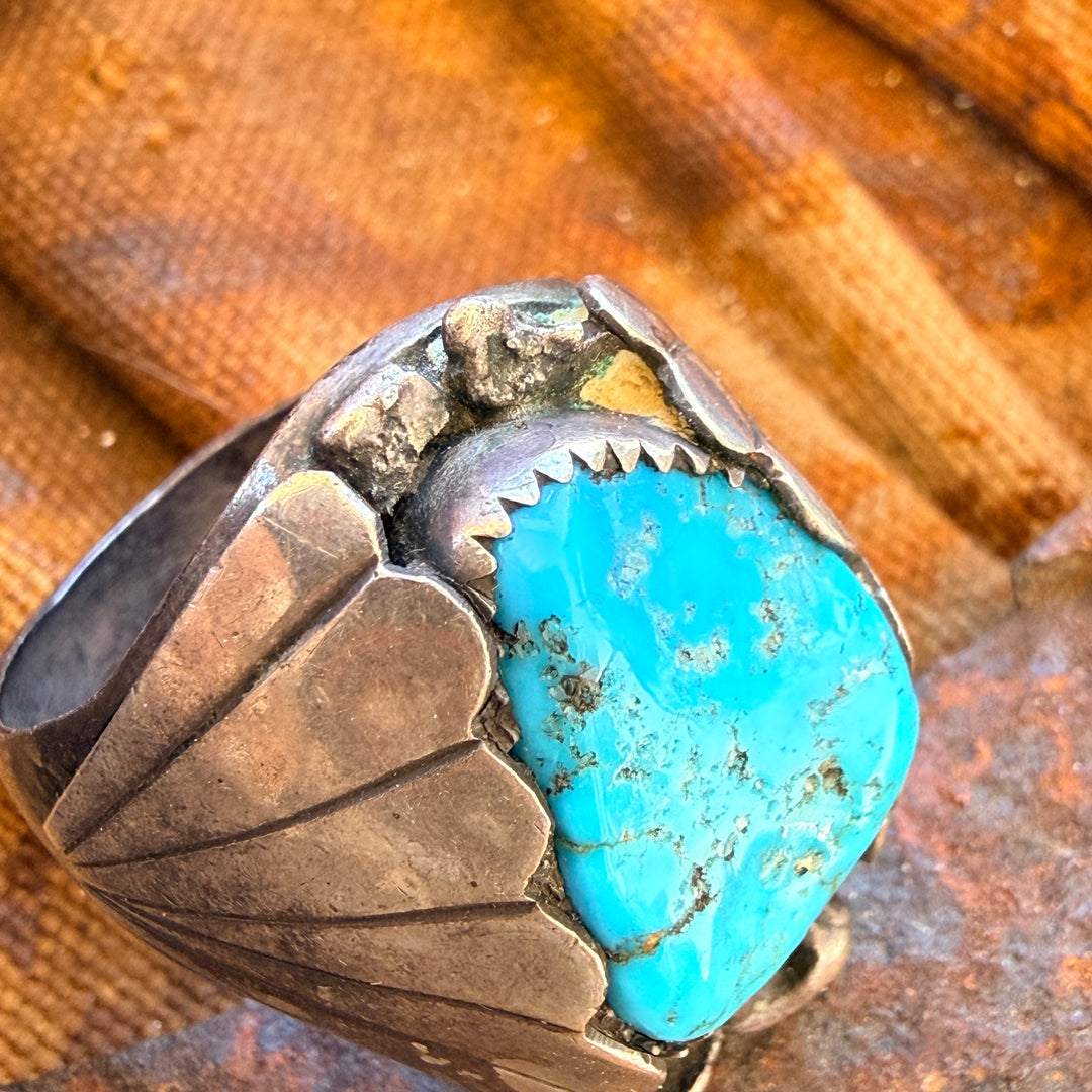 Vintage Navajo Sterling Silver Natural Turquoise Ring Size 14.5