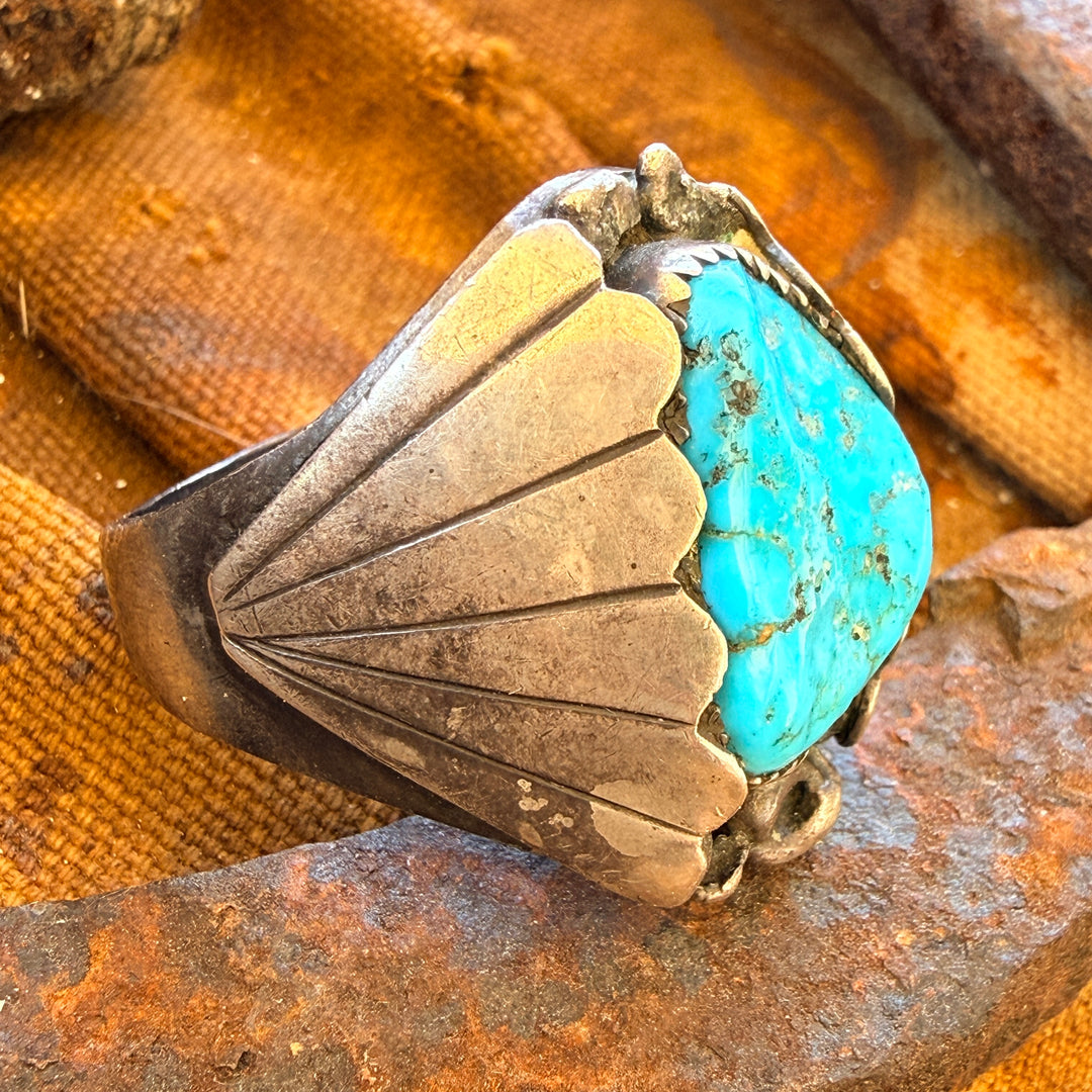 Vintage Navajo Sterling Silver Natural Turquoise Ring Size 14.5