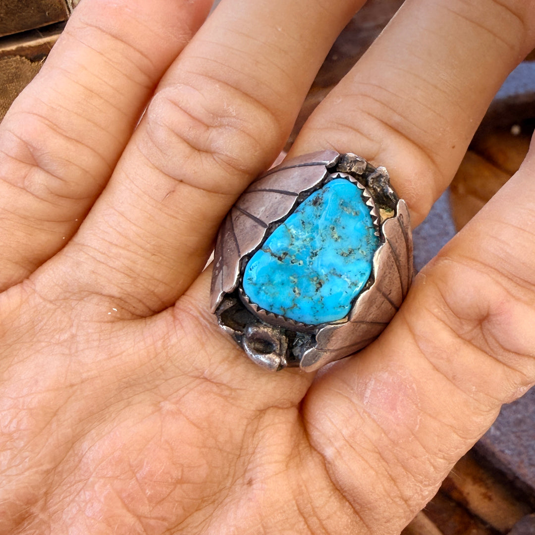 Vintage Navajo Sterling Silver Natural Turquoise Ring Size 14.5