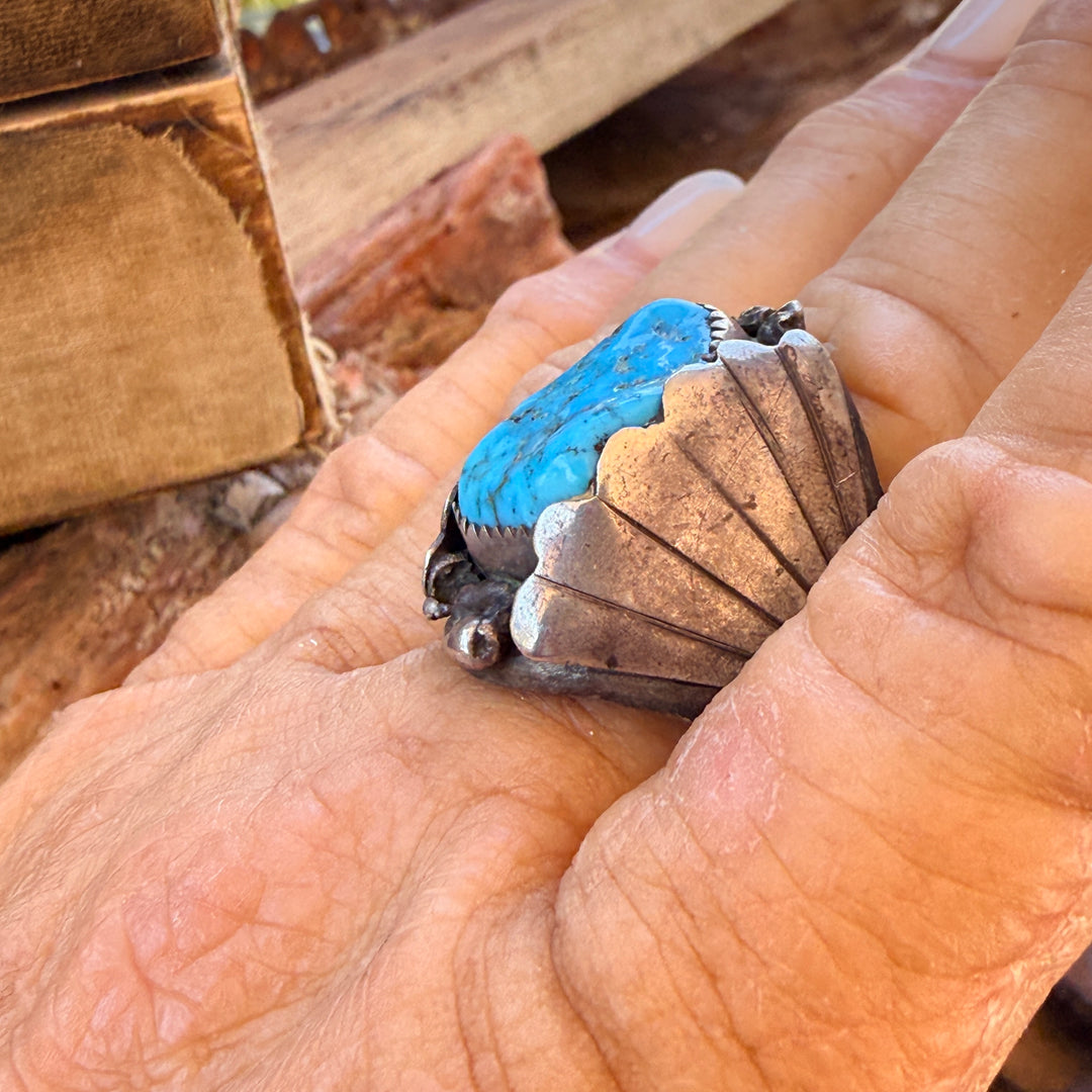 Vintage Navajo Sterling Silver Natural Turquoise Ring Size 14.5