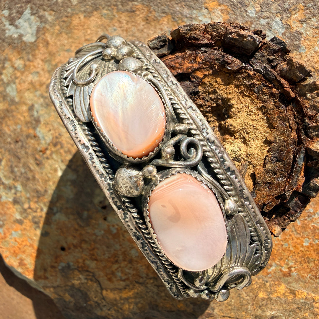 Vintage Sterling Silver & Pink Mother-of-Pearl Appliqué Cuff Bracelet