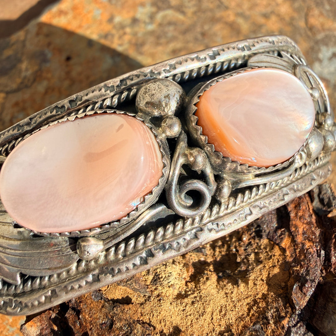 Vintage Sterling Silver & Pink Mother-of-Pearl Appliqué Cuff Bracelet
