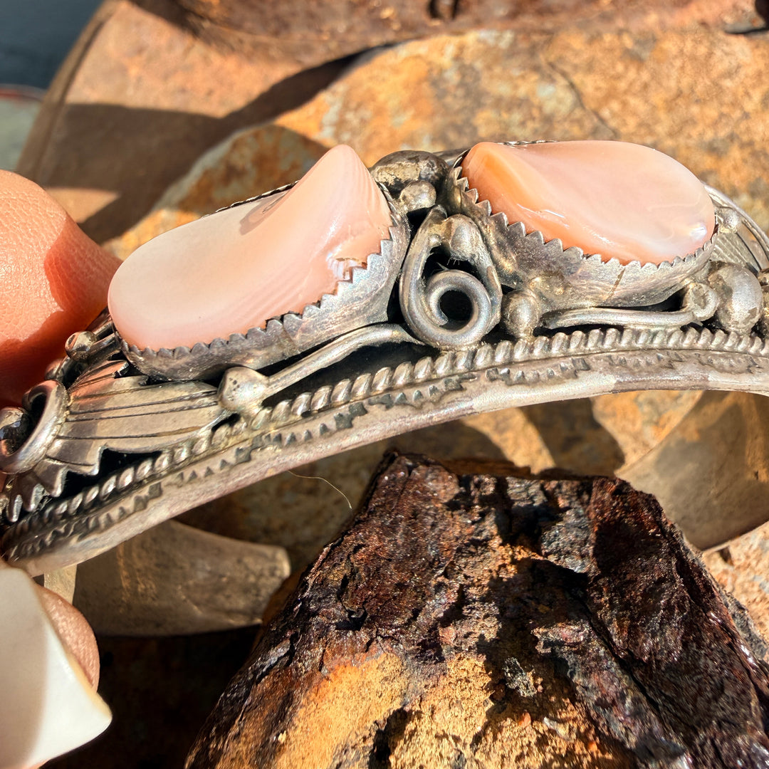 Vintage Sterling Silver & Pink Mother-of-Pearl Appliqué Cuff Bracelet