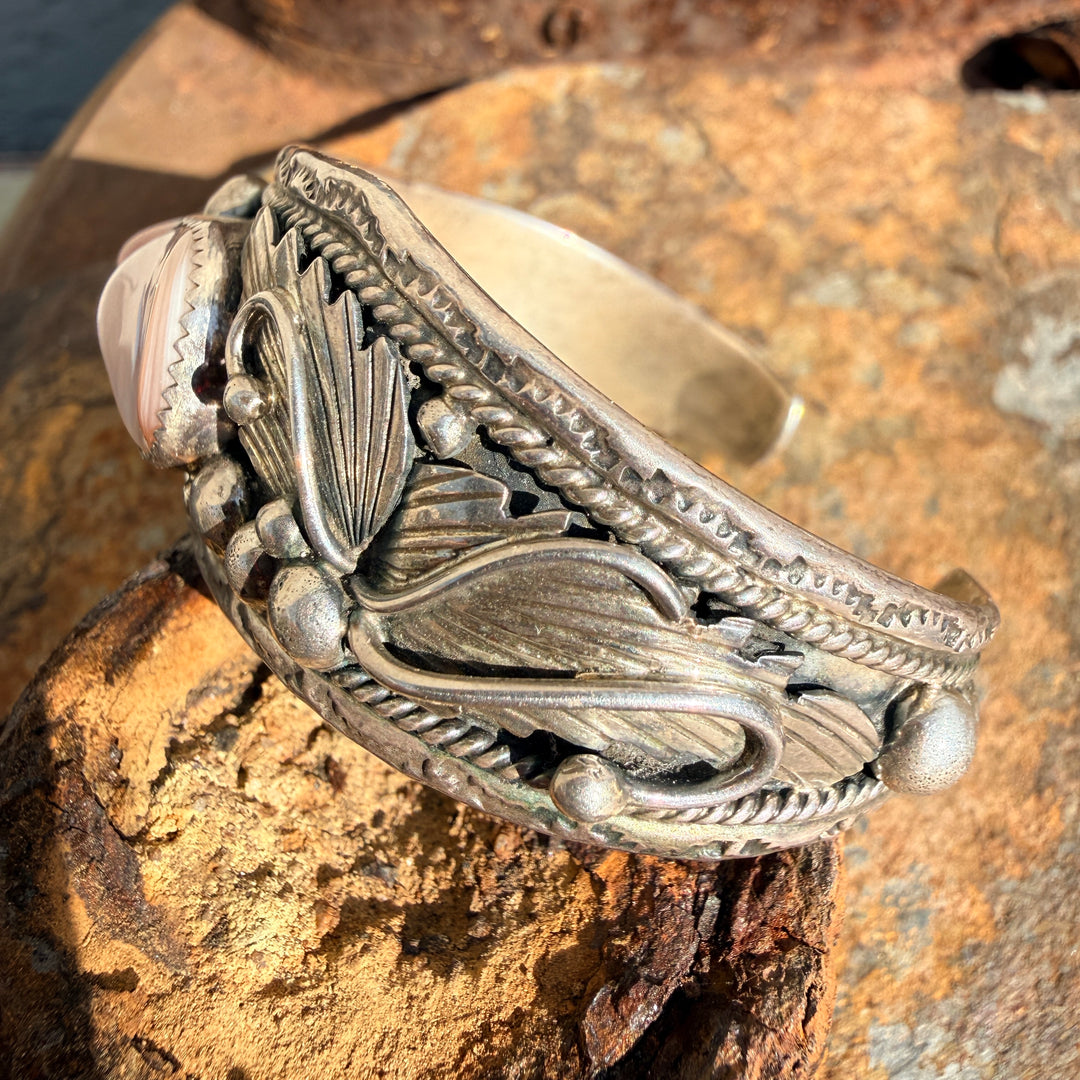 Vintage Sterling Silver & Pink Mother-of-Pearl Appliqué Cuff Bracelet