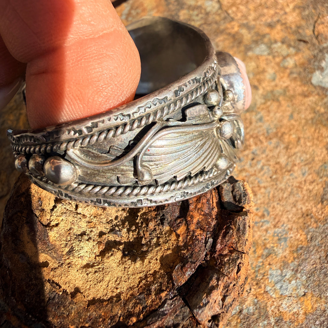 Vintage Sterling Silver & Pink Mother-of-Pearl Appliqué Cuff Bracelet