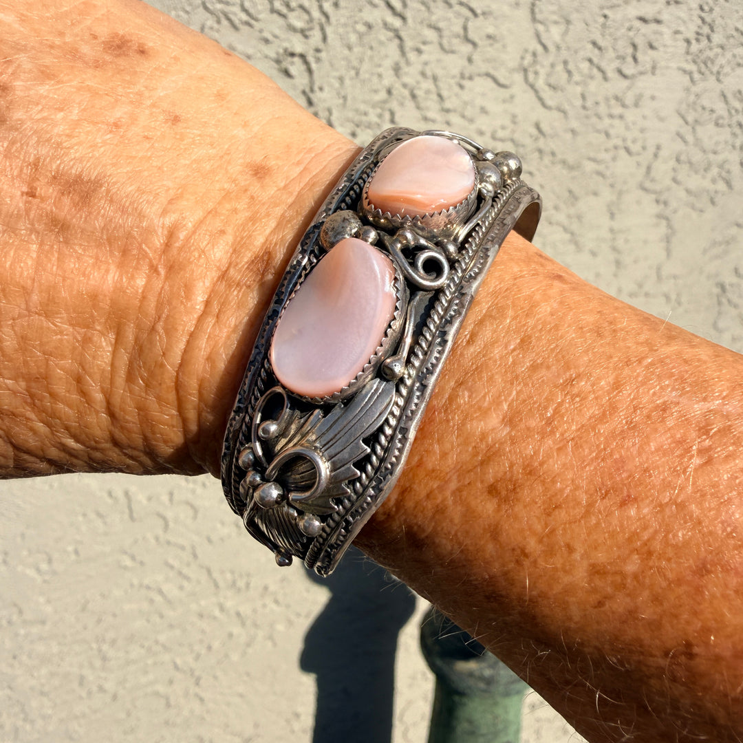 Vintage Sterling Silver & Pink Mother-of-Pearl Appliqué Cuff Bracelet