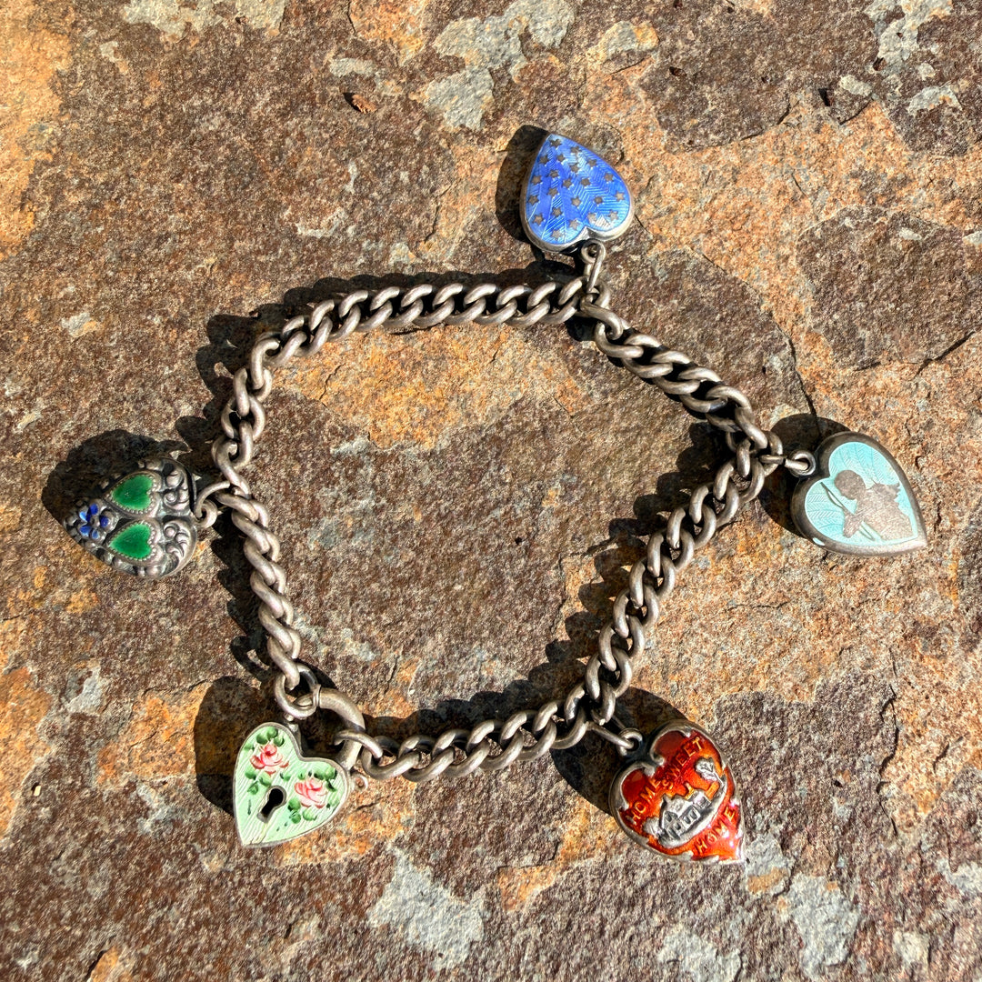 Antique Victorian Sterling Silver Enamel Puffy Heart Charm Bracelet