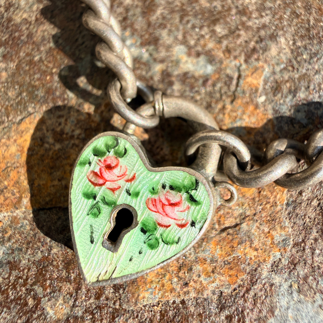 Antique Victorian Sterling Silver Enamel Puffy Heart Charm Bracelet