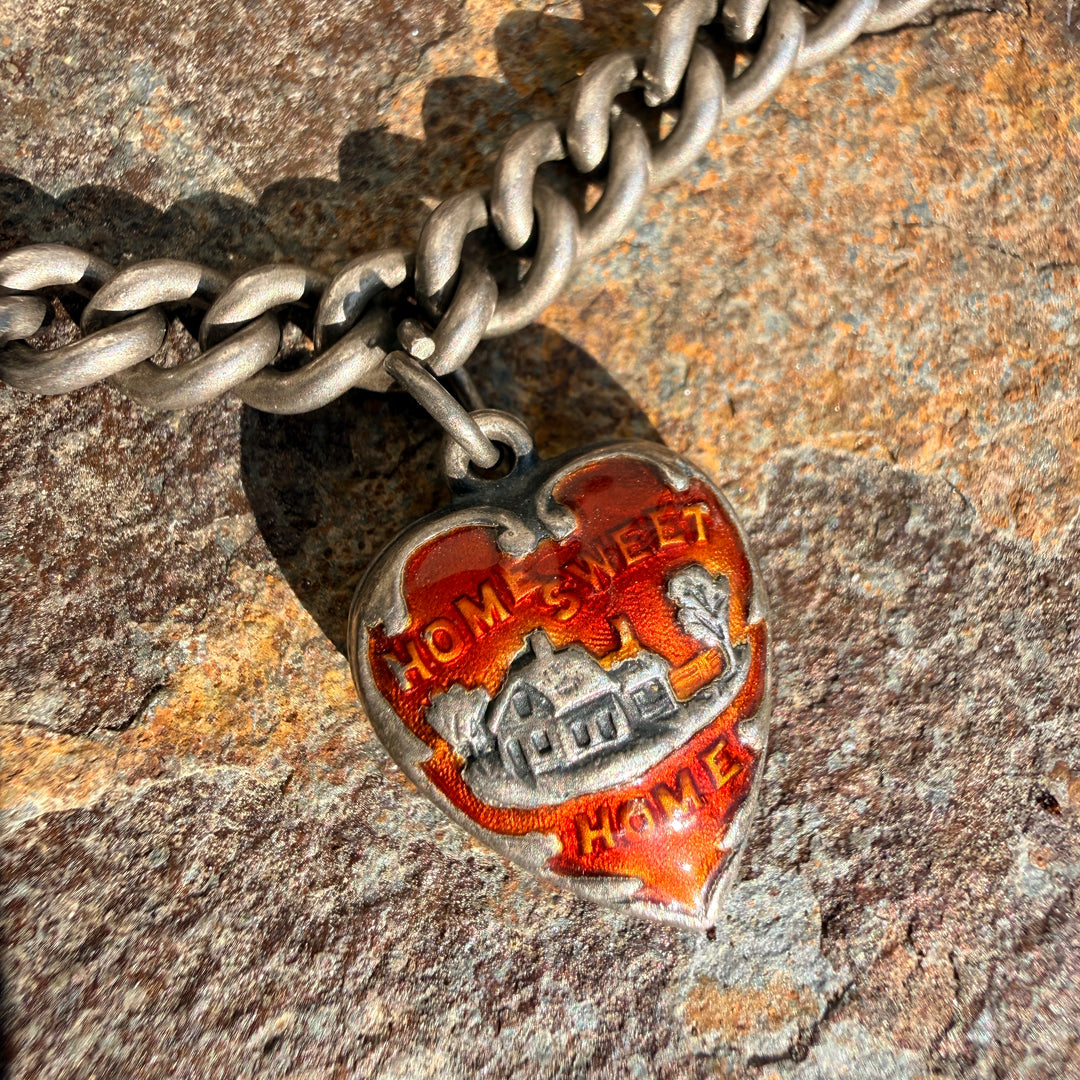 Antique Victorian Sterling Silver Enamel Puffy Heart Charm Bracelet