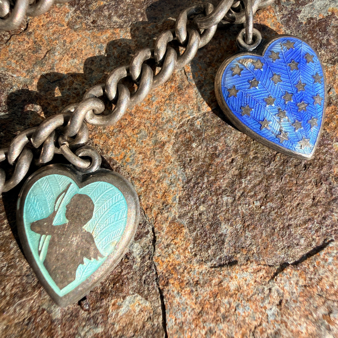 Antique Victorian Sterling Silver Enamel Puffy Heart Charm Bracelet
