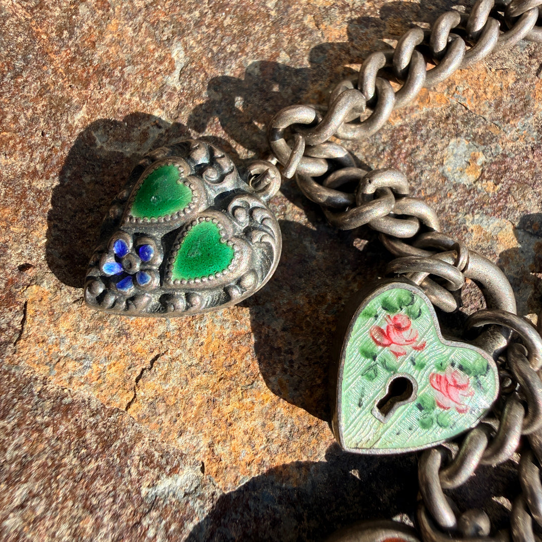 Antique Victorian Sterling Silver Enamel Puffy Heart Charm Bracelet