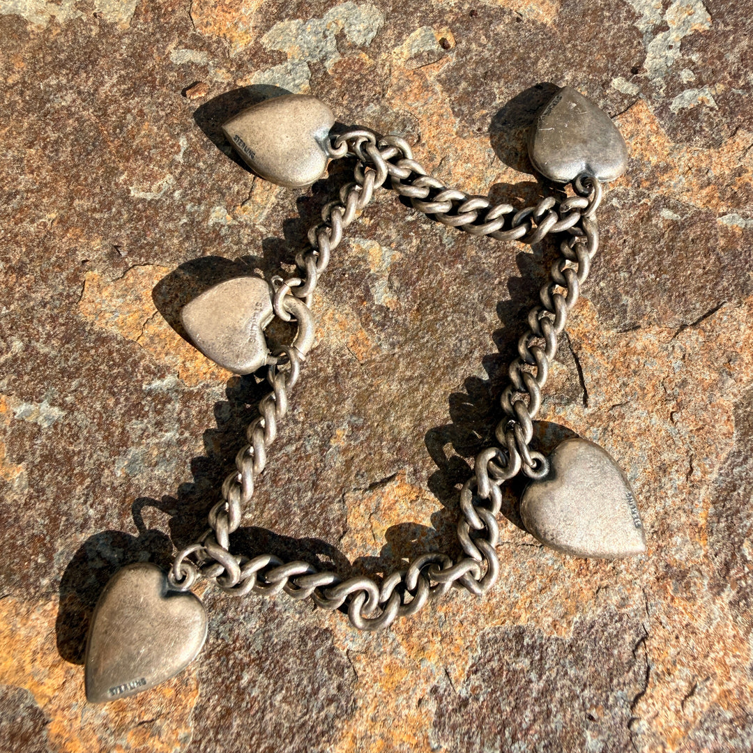 Antique Victorian Sterling Silver Enamel Puffy Heart Charm Bracelet