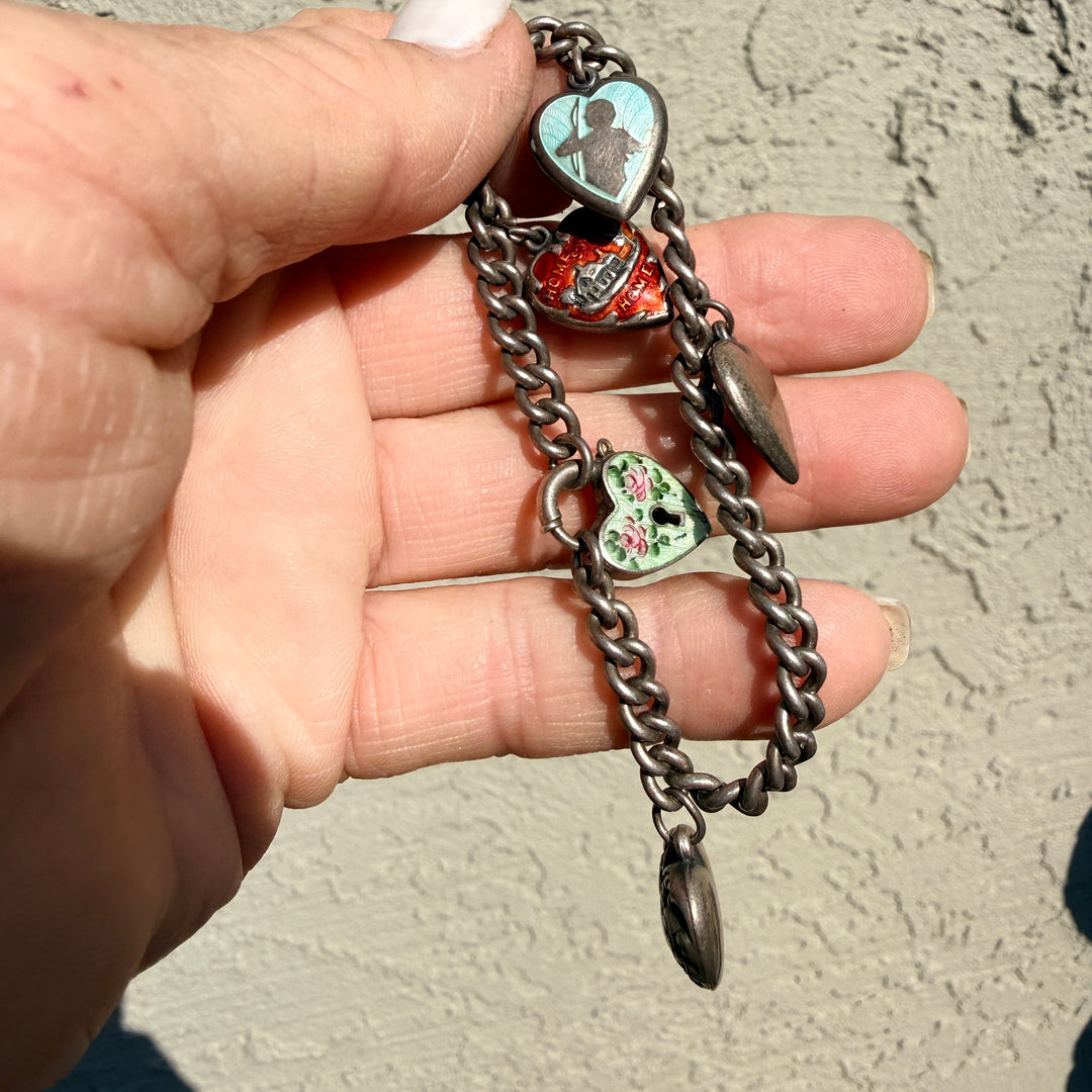 Antique Victorian Sterling Silver Enamel Puffy Heart Charm Bracelet