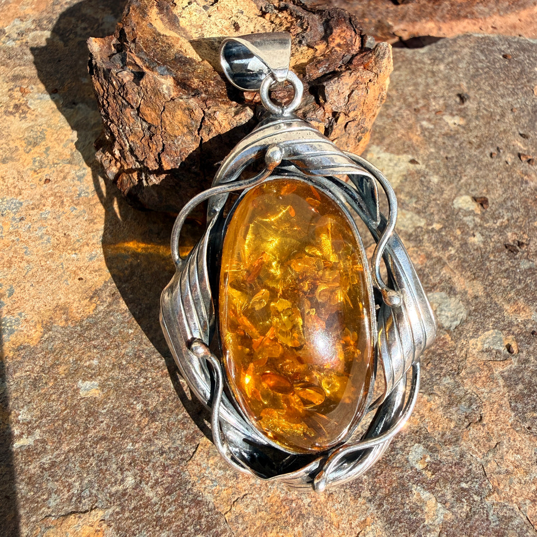 Vintage Sterling Silver Large Amber Pendant