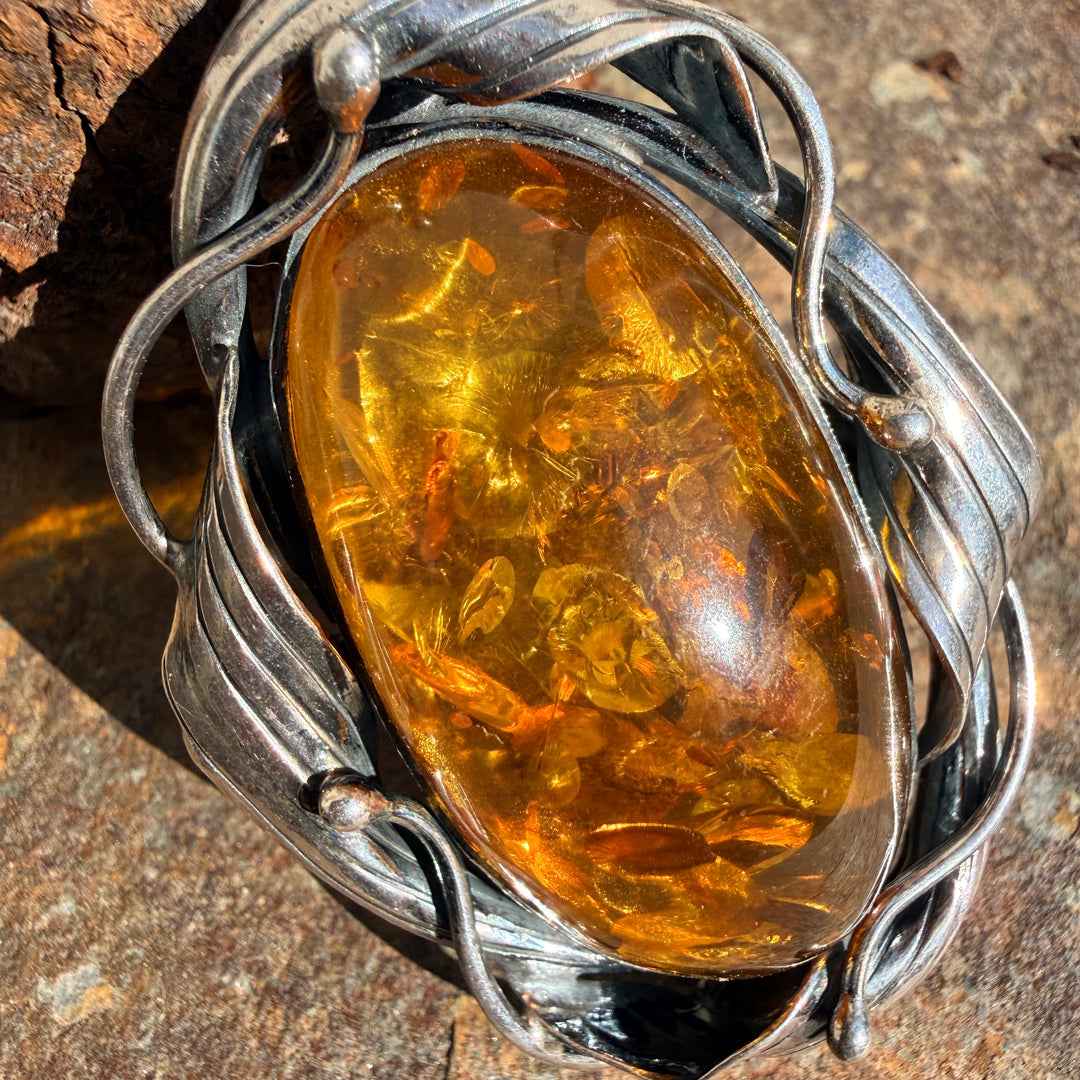 Vintage Sterling Silver Large Amber Pendant