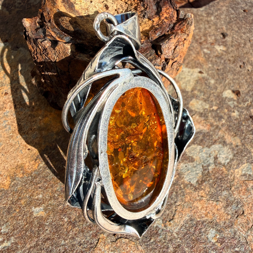 Vintage Sterling Silver Large Amber Pendant