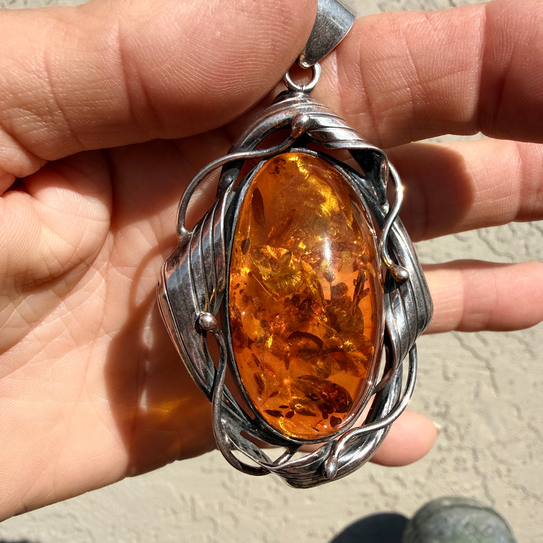 Vintage Sterling Silver Large Amber Pendant