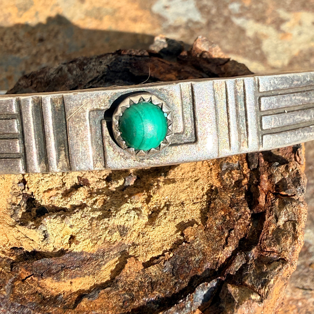 Sterling Silver & Malachite Cuff Bracelet Signed Navajo F J Henry
