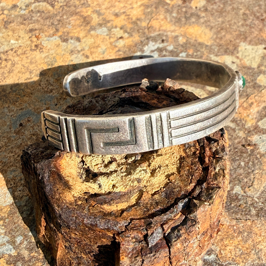 Sterling Silver & Malachite Cuff Bracelet Signed Navajo F J Henry