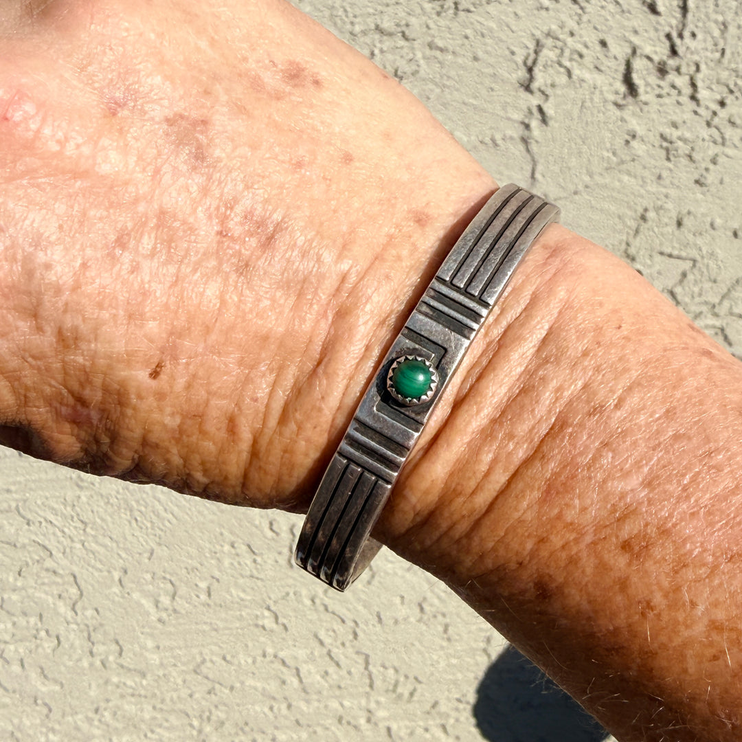 Sterling Silver & Malachite Cuff Bracelet Signed Navajo F J Henry