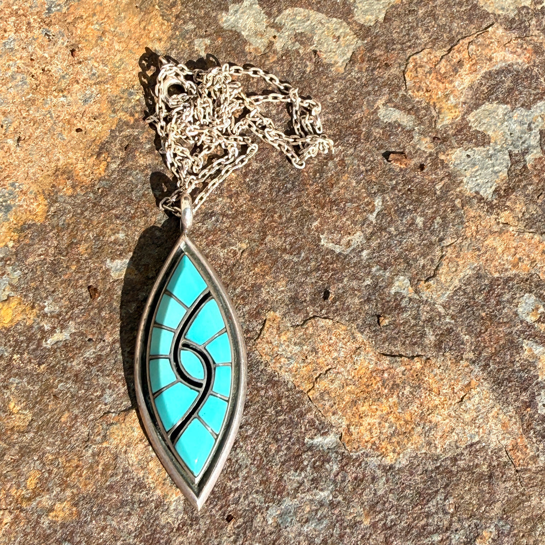 Zuni Sterling Silver & Channel Inlay Turquoise Pendant Chain Necklace