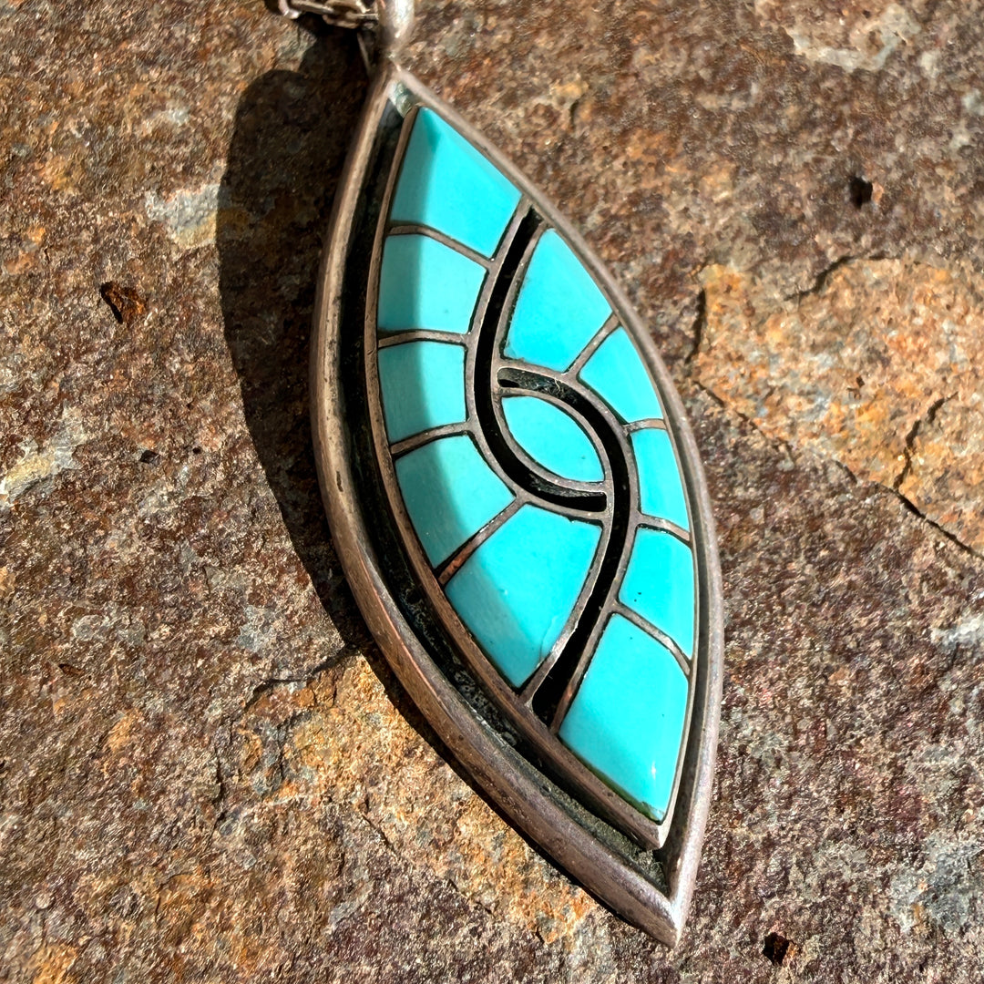 Zuni Sterling Silver & Channel Inlay Turquoise Pendant Chain Necklace