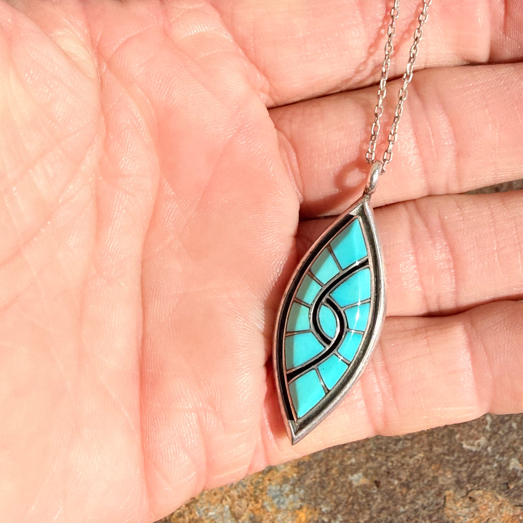 Zuni Sterling Silver & Channel Inlay Turquoise Pendant Chain Necklace