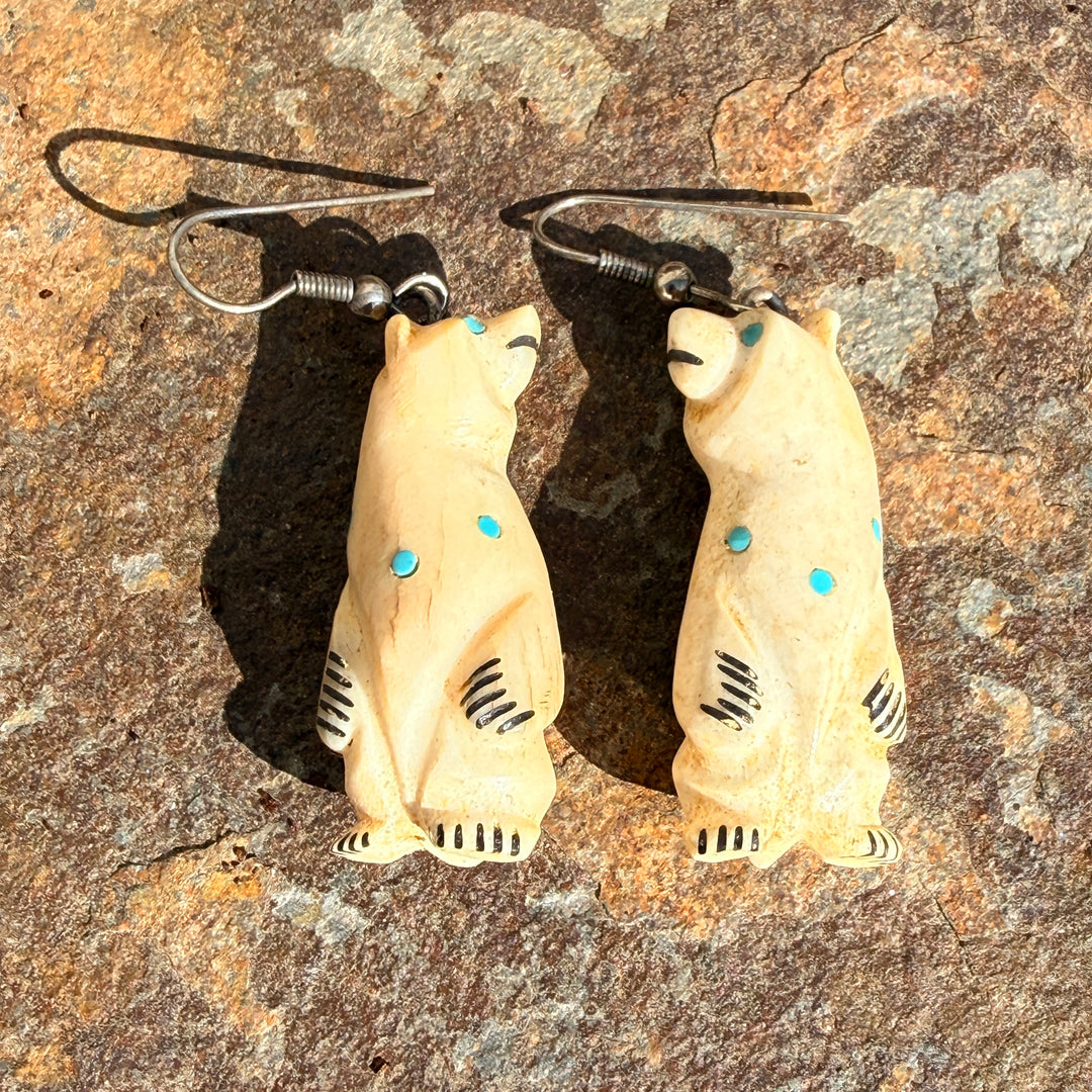 Carved Deer Antler & Turquoise Zuni Bear Pierced Earrings