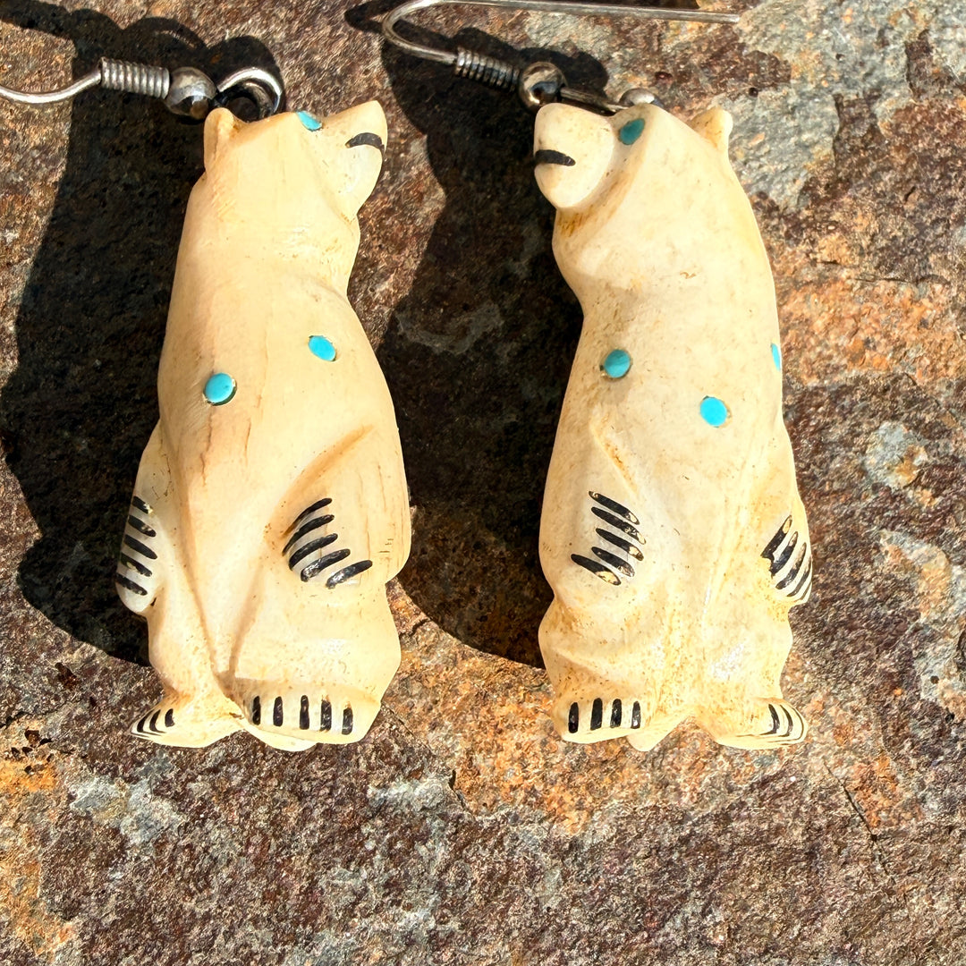 Carved Deer Antler & Turquoise Zuni Bear Pierced Earrings
