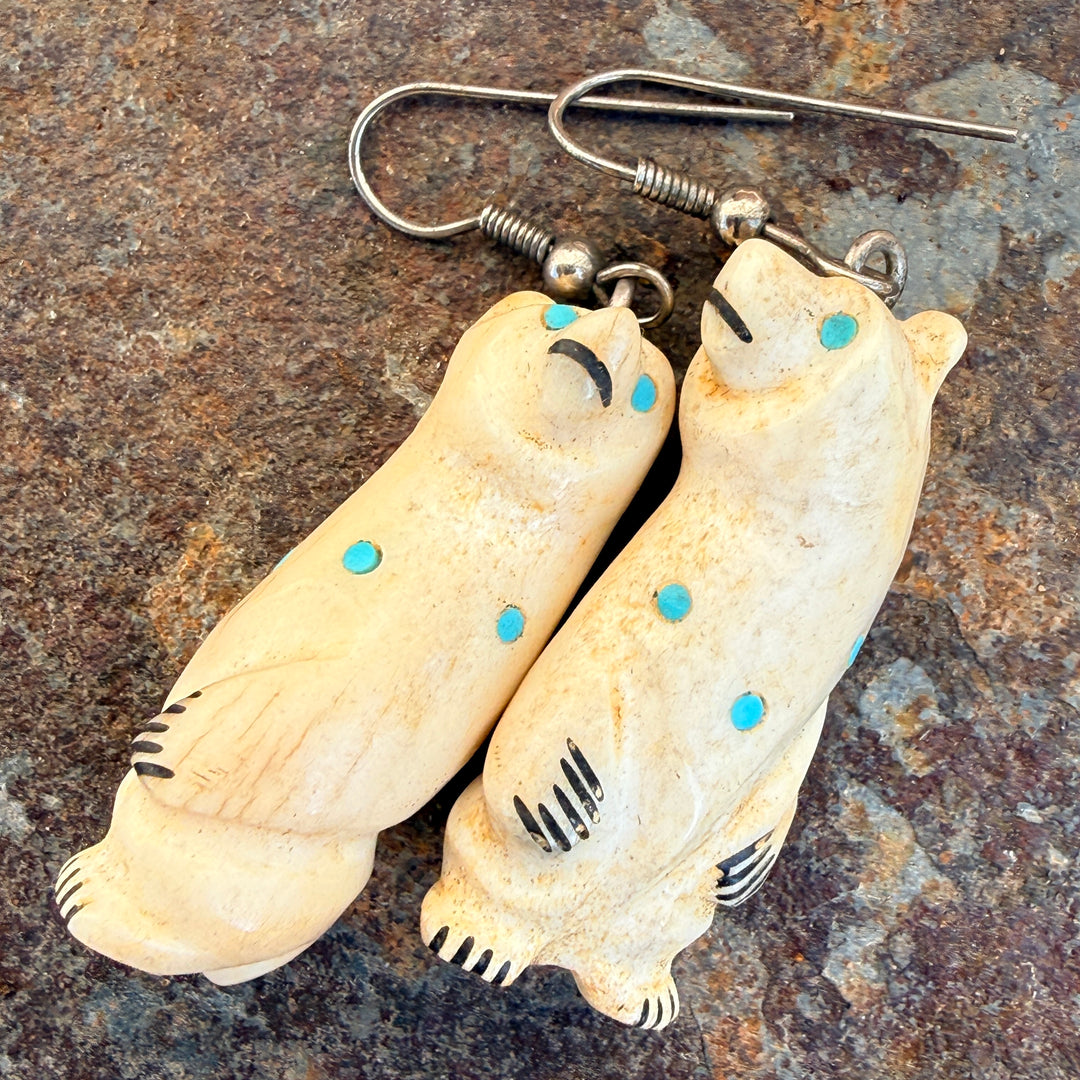 Carved Deer Antler & Turquoise Zuni Bear Pierced Earrings