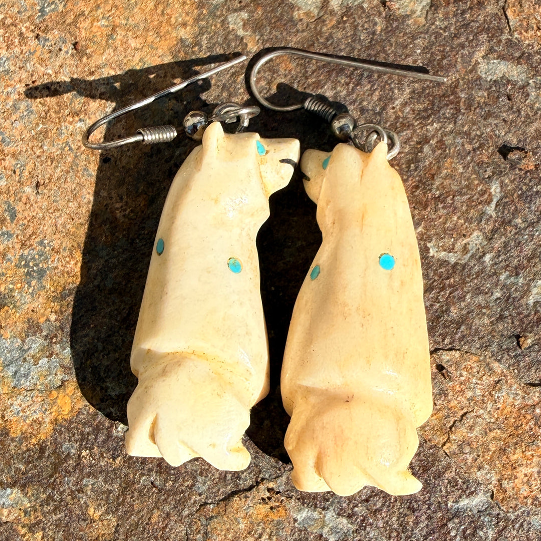 Carved Deer Antler & Turquoise Zuni Bear Pierced Earrings