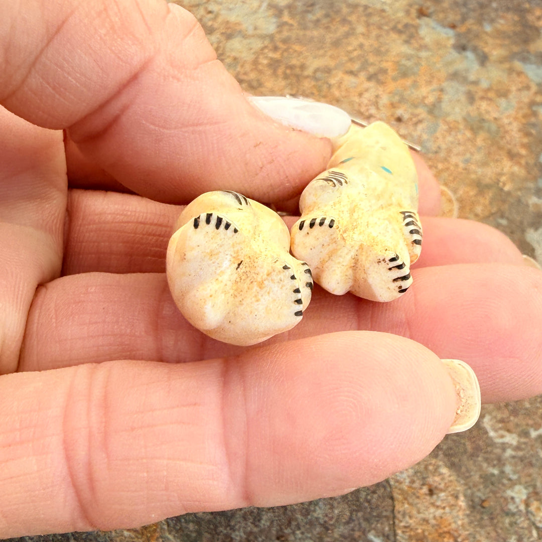 Carved Deer Antler & Turquoise Zuni Bear Pierced Earrings