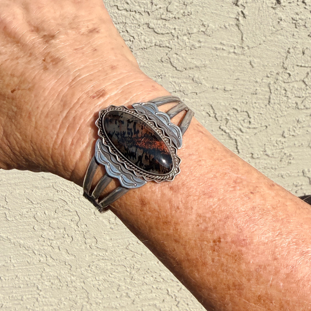 Vintage Navajo Petrified Wood Sterling Silver Bracelet Fred Harvey